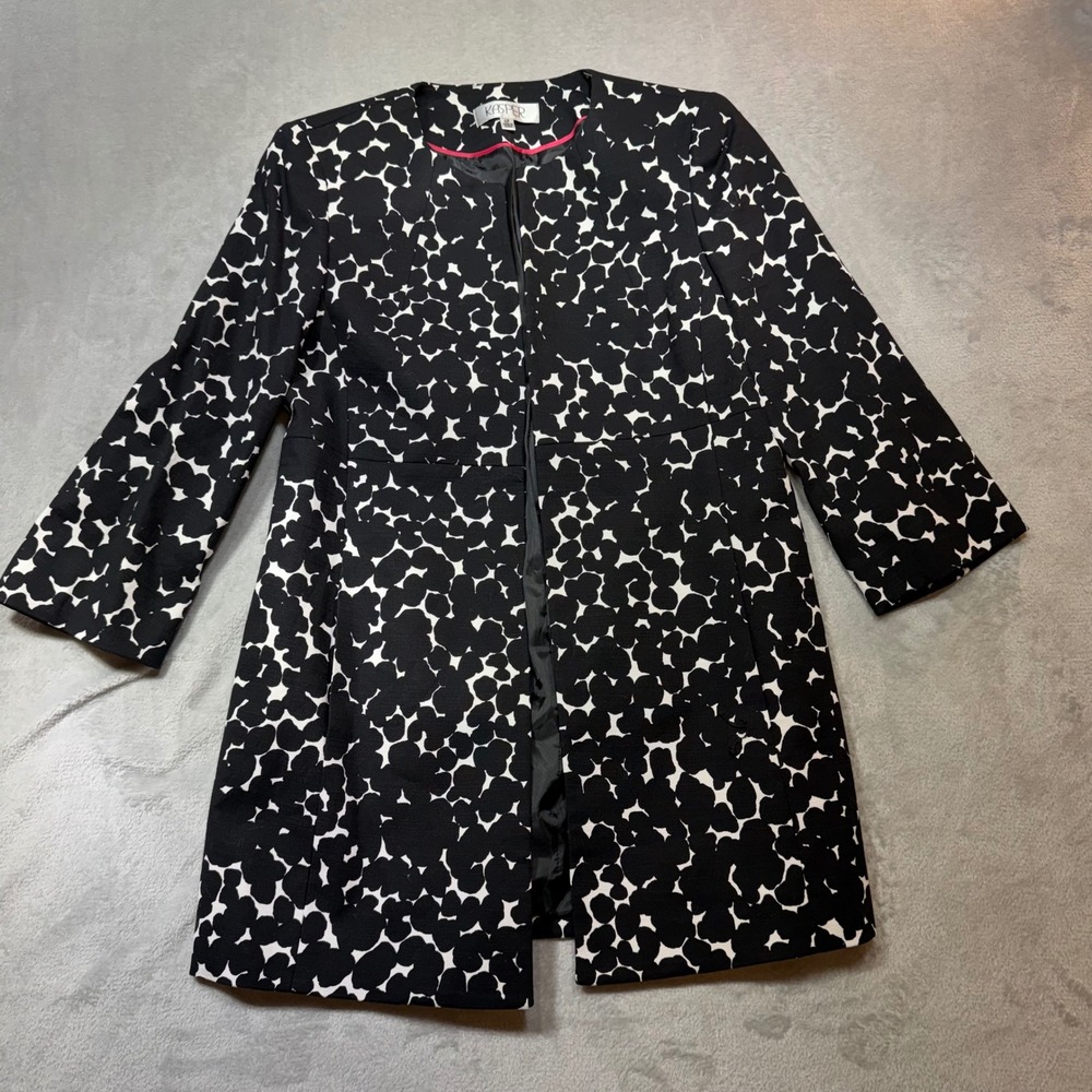Kasper Black White Abstract Floral Open Front Topper Jacket 4P Petite 3/4 Sleeve